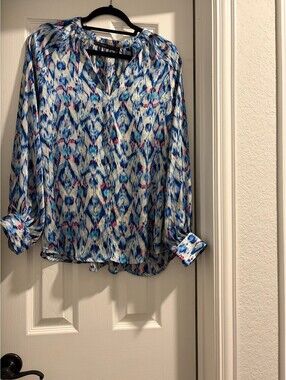 Hazel Blue Patterned Long Sleeve Polyester Blouse Size Large